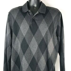 Van Heusen Men's Long Sleeve Golf Polo Knit Shirt Size Large Gray Black Argyle